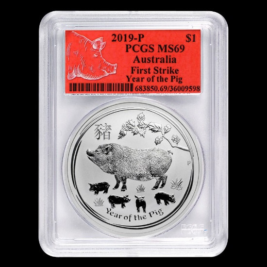 2019 Australia 1 oz Silver Lunar Pig MS-69 PCGS (FS, Red Label)