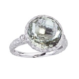 14k Brushed White Gold Round Green Amethyst and Diamond Ring 6.05 CTW