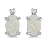 Sterling Silver Oval Opal and Diamond Earrings