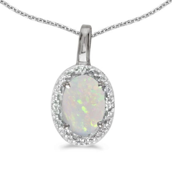 10k White Gold Oval Opal And Diamond Pendant 0.21 CTW
