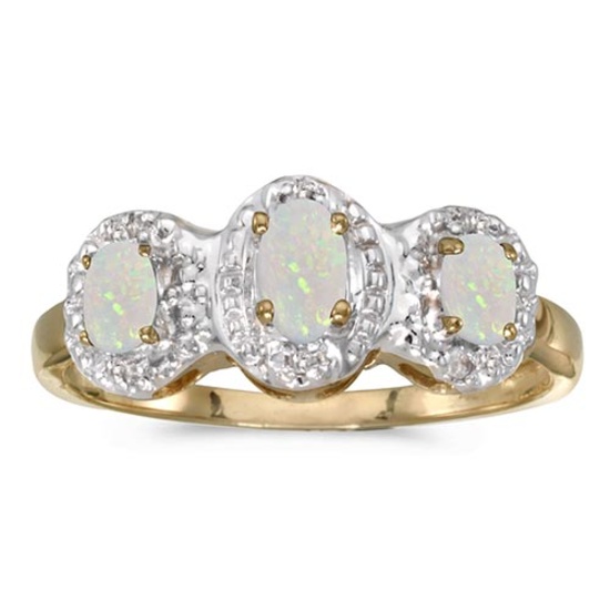 14k Yellow Gold Oval Opal And Diamond Three Stone Ring