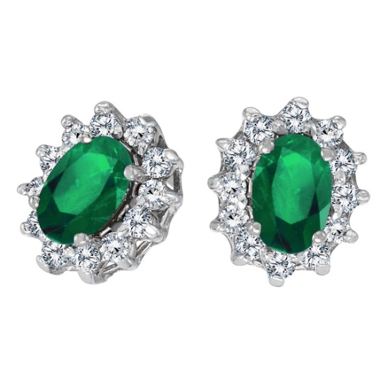 14k White Gold Oval Emerald and .25 total CTW Diamond Earrings 0.87 CTW