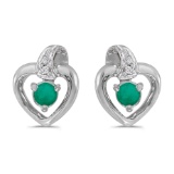 Certified 14k White Gold Round Emerald And Diamond Heart Earrings 0.19 CTW