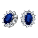 14k White Gold Oval Sapphire and .25 total ct Diamond Earrings