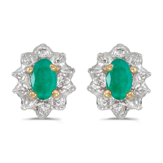 14k Yellow Gold Oval Emerald And Diamond Earrings 0.33 CTW