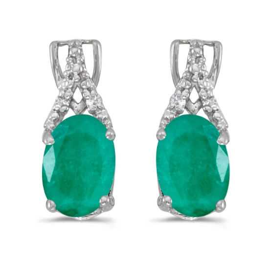 14k White Gold Oval Emerald And Diamond Earrings 1.14 CTW