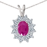 14k White Gold Ruby Oval Pendant with Diamonds