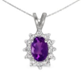 Certified 14k White Gold Oval Amethyst And Diamond Pendant