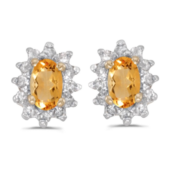 14k Yellow Gold Oval Citrine And Diamond Earrings 0.28 CTW