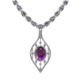 7.20 Ctw Amethyst And Diamond I2/I3 14K White Gold Pendant Necklace