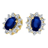 14k Yellow Gold Oval Sapphire and .25 total ct Diamond Earrings