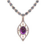 7.20 Ctw Amethyst And Diamond I2/I3 14K Rose Gold Pendant Necklace