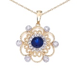 14k Two-Tone Sapphire and Diamond Filigree Pendant 0.48 CTW