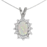 Certified 10k White Gold Oval Opal And Diamond Pendant