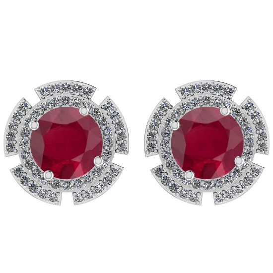 4.44 Ctw I2/I3 Ruby And Diamond 14K White Gold Stud Earrings