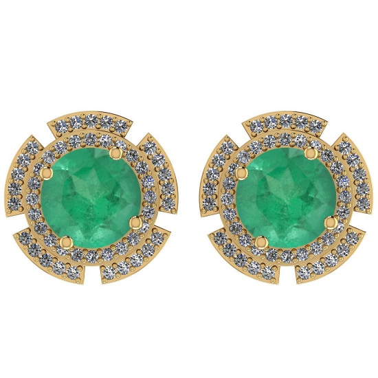 4.44 Ctw I2/I3 Emerald And Diamond 14K Yellow Gold Stud Earrings