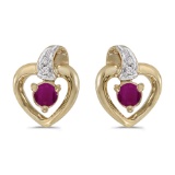 10k Yellow Gold Round Ruby And Diamond Heart Earrings 0.25 CTW