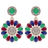 6.04 Ctw I2/I3 Emerald,Ruby,Blue Sapphire And Diamond 14K Rose Gold Earrings