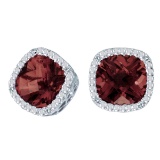 14k White Gold Cushion Cut Garnet And Diamond Earrings