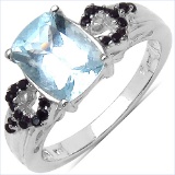 1.92 CTW Genuine Aquamarine & Black Spinel .925 Sterling Silver Ring