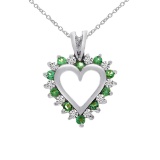 14k White Gold Emerald and Diamond Heart Shaped Pendant