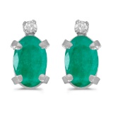 Sterling Silver Oval Emerald and Diamond Earrings