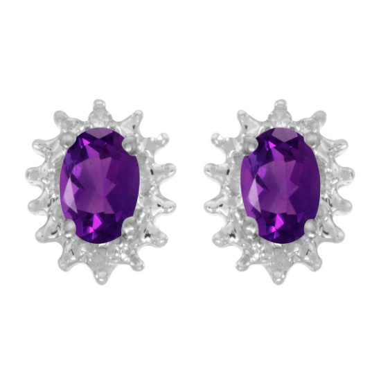14k White Gold Oval Amethyst And Diamond Earrings 0.72 CTW