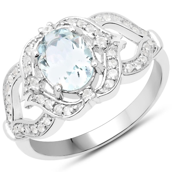 1.37 CTW Genuine Aquamarine and White Zircon .925 Sterling Silver Ring