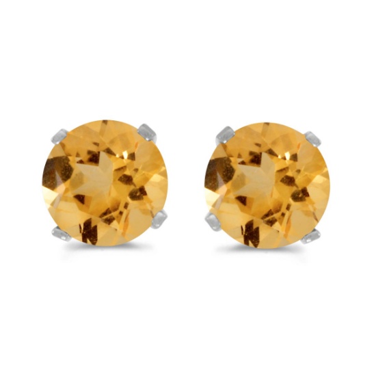 Certified 5 mm Natural Round Citrine Stud Earrings Set in 14k White Gold