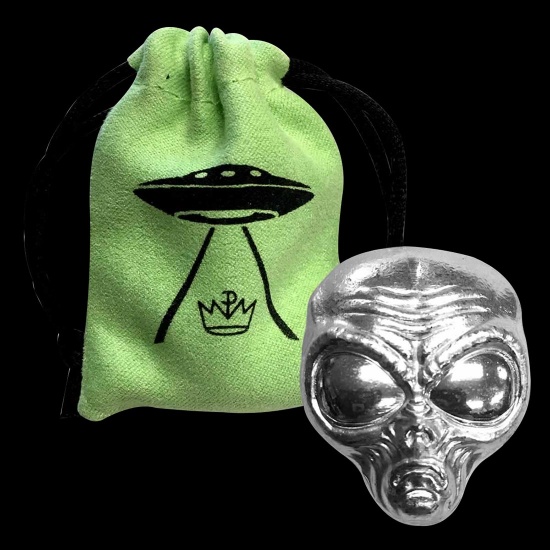 2 oz Silver Alien Head 3D Bar with Storage Bag