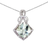 14K White Gold Green Amethyst and Diamond Shape Pendant