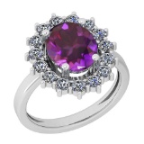 3.28 Ctw I2/I3 Amethyst And Diamond 10K White Gold Vintage Style Ring