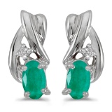 14k White Gold Oval Emerald And Diamond Earrings 0.34 CTW