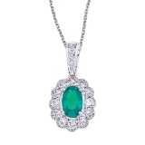 14k White Gold Emerald and Diamond Oval Pendant