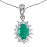 14k White Gold Oval Emerald And Diamond Pendant 0.33 CTW