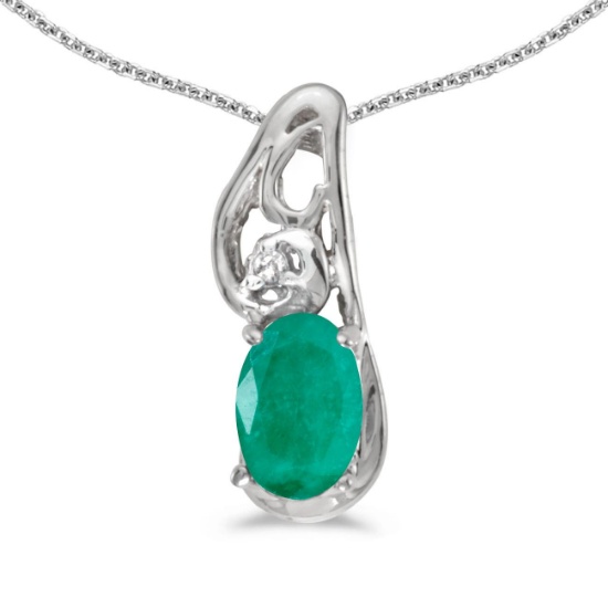 14k White Gold Oval Emerald And Diamond Pendant