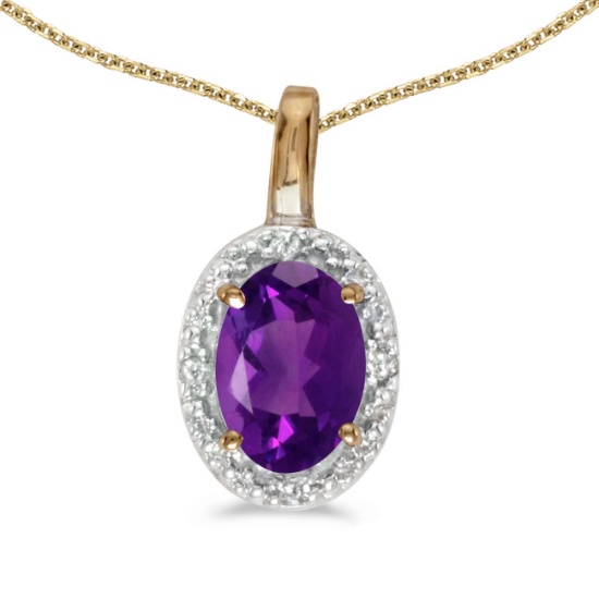 14k Yellow Gold Oval Amethyst And Diamond Pendant