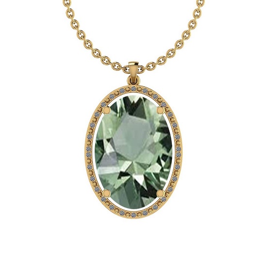 Certified 19.63 Ctw Green Amethyst And Diamond I1/I2 10K Yellow Gold Pendant