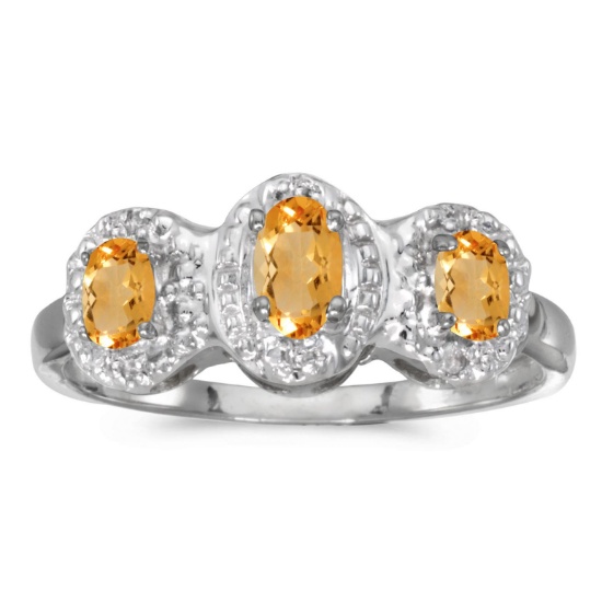 14k White Gold Oval Citrine And Diamond Three Stone Ring 0.44 CTW