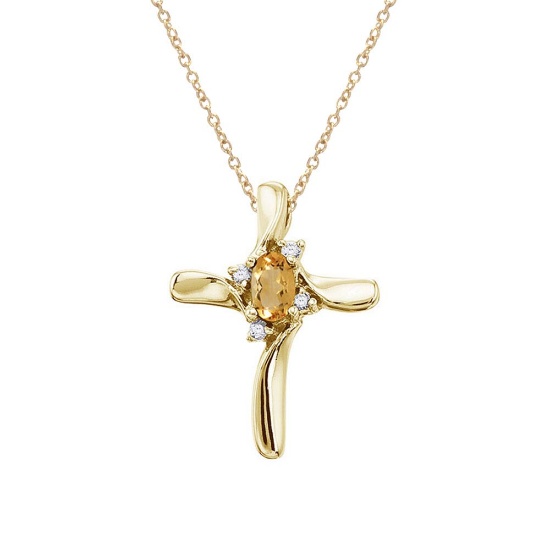 14K Yellow Gold Citrine and Diamond Cross Pendant