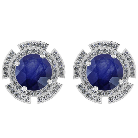 4.44 Ctw I2/I3 Blue Sapphire And Diamond 14K White Gold Stud Earrings