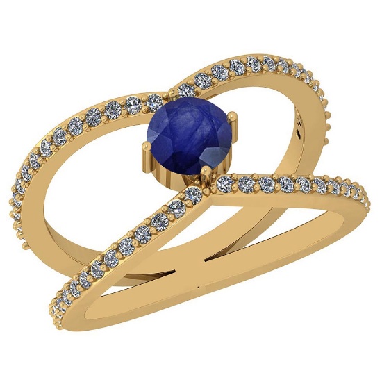 0.88 Ctw Blue Sapphire And Diamond I2/I3 14K Yellow Gold Vintage Style Ring