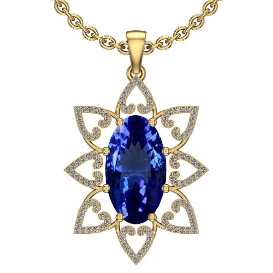 8.24 Ctw VS/SI1 Tanzanite And Diamond 14k Yellow Gold Victorian Style Necklace