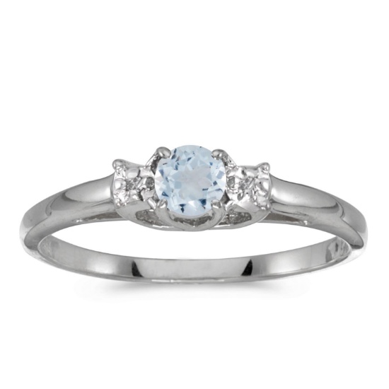 14k White Gold Round Aquamarine And Diamond Ring 0.2 CTW