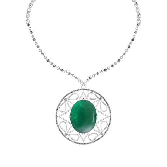 58.57 Ctw VS/SI1 Emerald And Diamond 14k White Gold Victorian Style Necklace