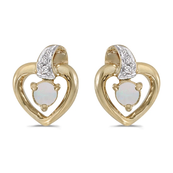 10k Yellow Gold Round Opal And Diamond Heart Earrings 0.09 CTW