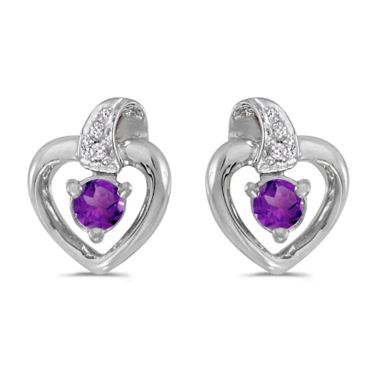 10k White Gold Round Amethyst And Diamond Heart Earrings 0.17 CTW