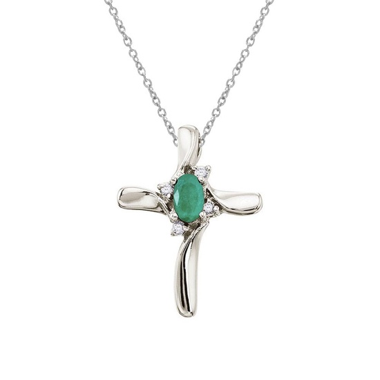 14K White Gold Emerald and Diamond Cross Pendant