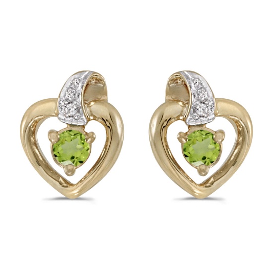 14k Yellow Gold Round Peridot And Diamond Heart Earrings 0.19 CTW