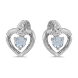 14k White Gold Round Aquamarine And Diamond Heart Earrings 0.15 CTW